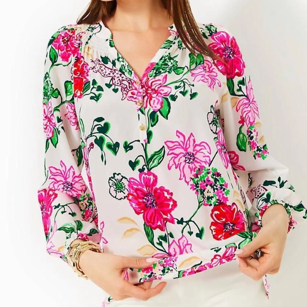 Lilly Pulitzer Coconut Safari Sanctuary Silk Blouse Top, NWT